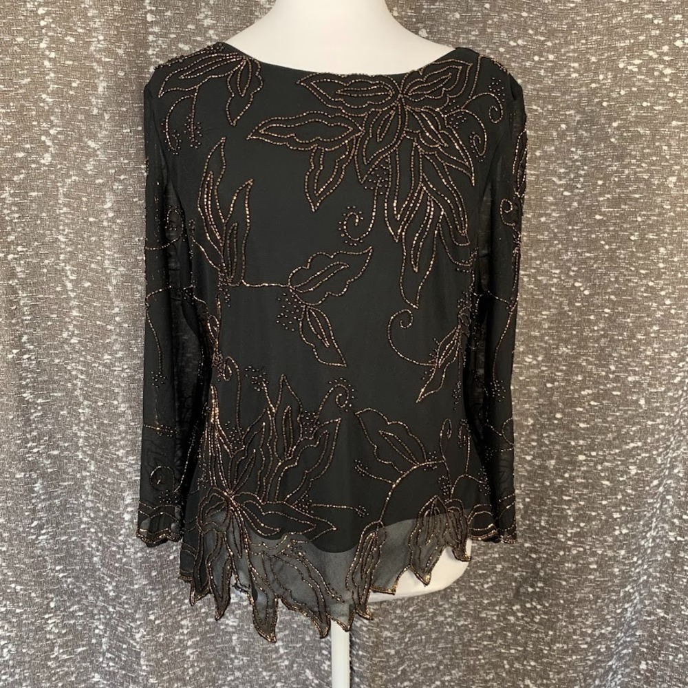 Vintage Jkara Floral Beaded Long Sleeve Shirt Black/Gold Whimsigoth Women's XL